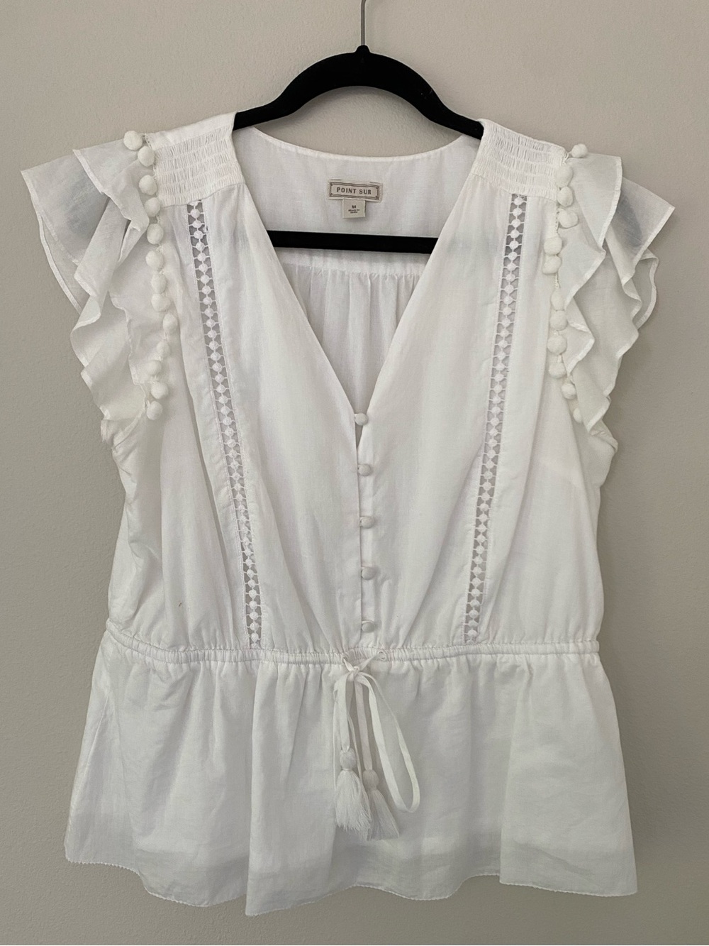 White Cotton Ruffle Sleeve Peasant Top Medium